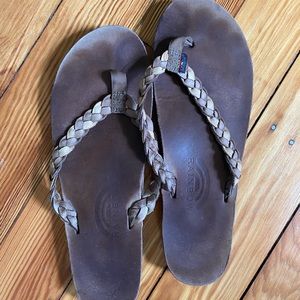 Rainbow braided flip flops